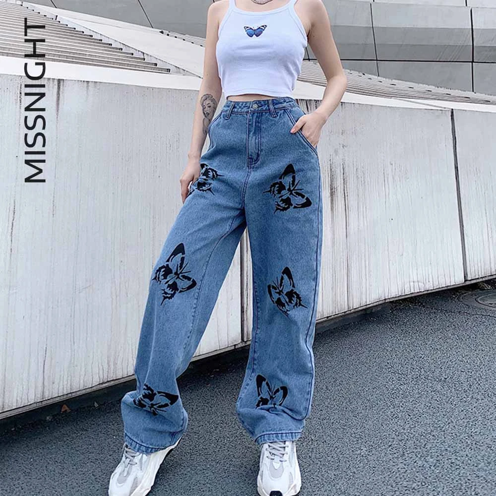 

Missnight Chic Butterfly Print Women Jeans High Waist Wide Leg Pants Denim Trousers Oversize Vintage Streetwear