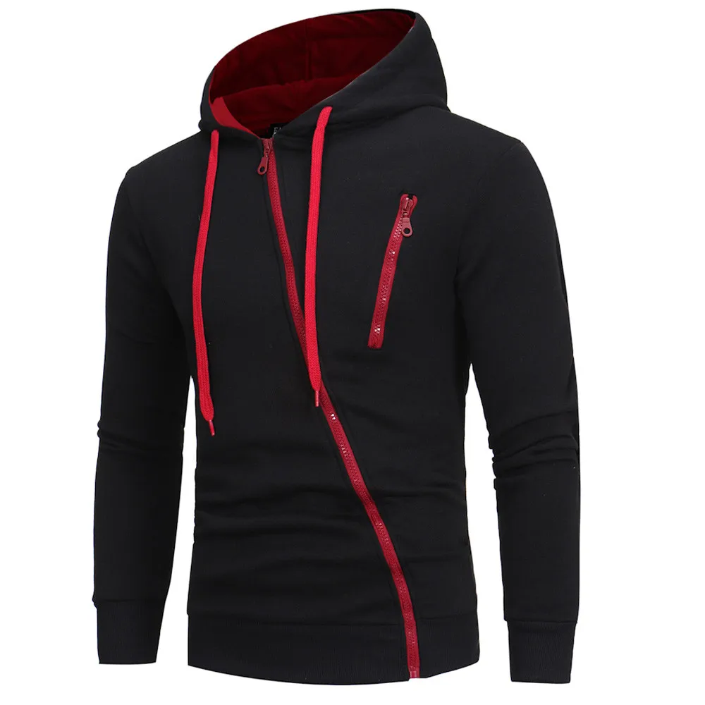 Mens Autumn and Winter Slim Hooded Shirt Sweatshirt Long Sleeve Solid Color Pullover Irregular Zipper Casual Top stranger thing | Мужская