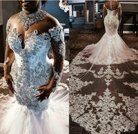 plus size african mermaid wedding dresses sheer jewel neck illusion long sleeves luxury stones lace appliques bridal gown