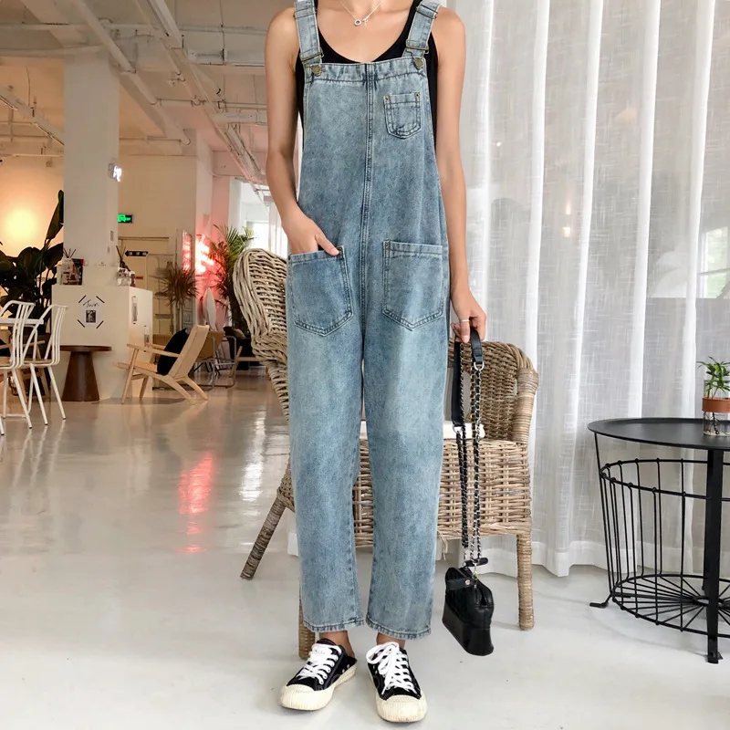 Women Oversized Denim Jumpsuit Autumn Jeans Overalls Bib Solid Pockets Rompers Vintage Dungarees Blue Basic Jean Pants