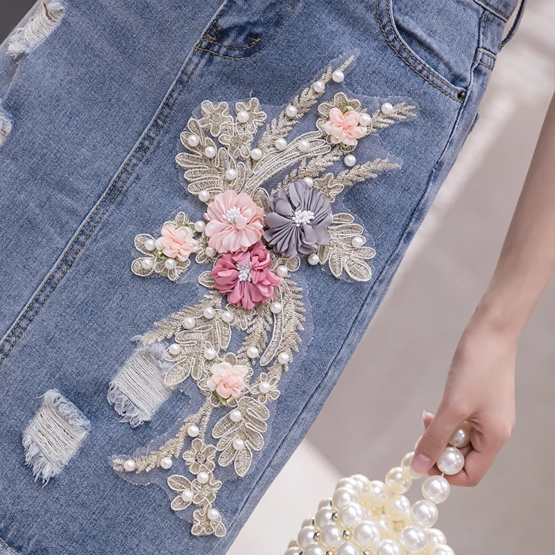 

Sweet Summer Flower Embroidery 2 Piece Sets Women's Short Sleeve T-shirts + Package Hip Hole Denim Skirts Two Piece Set Outfits