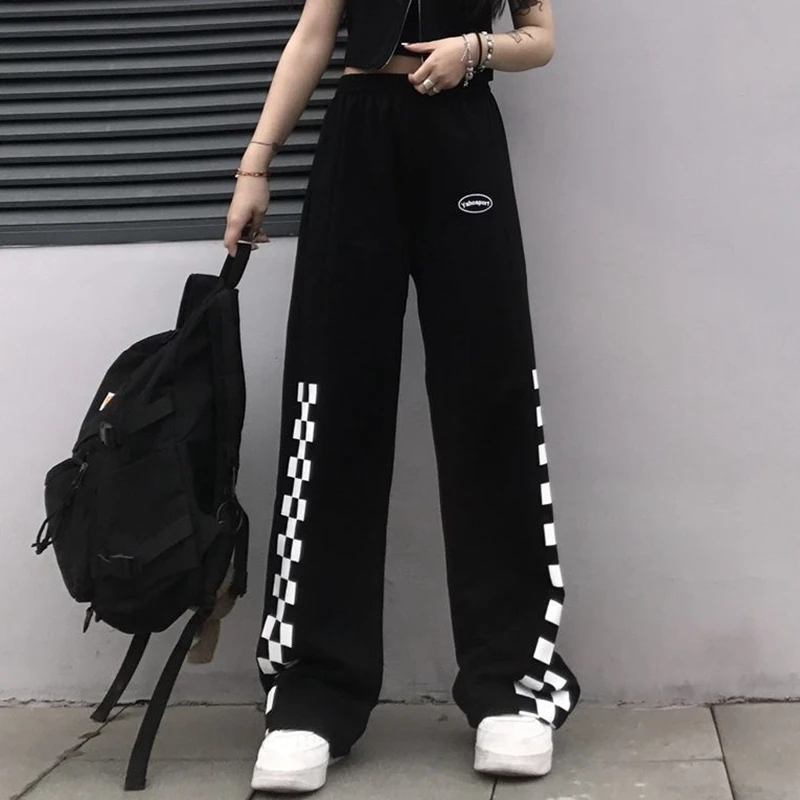

Korean version of INS sports pants Harajuku style checkerboard print casual pants loose straight wide leg pants trend
