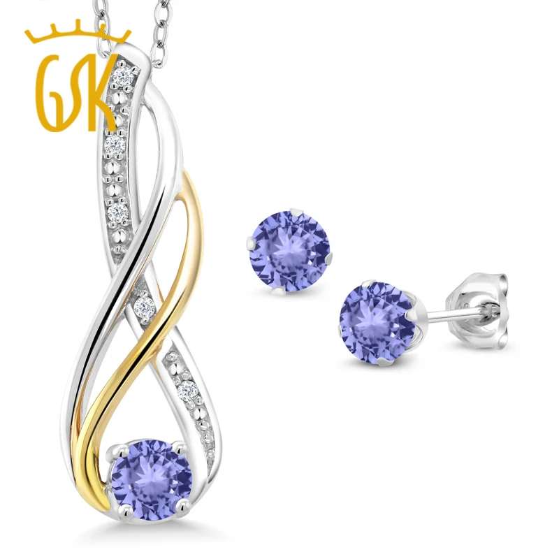 GemStoneKing 0 94 Ct синий Танзанит бриллиант 925 серебро и 10K желтое золото Кулон Комплект
