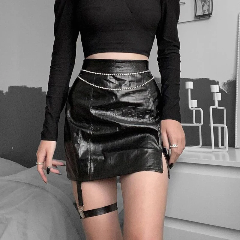 

Gothic Pu Leather Skirts Women Vintage Y2k Harajuku Crocodile Pattern with Leg Ring Mini Skirt Mall Goth Punk Skirts Streetwear