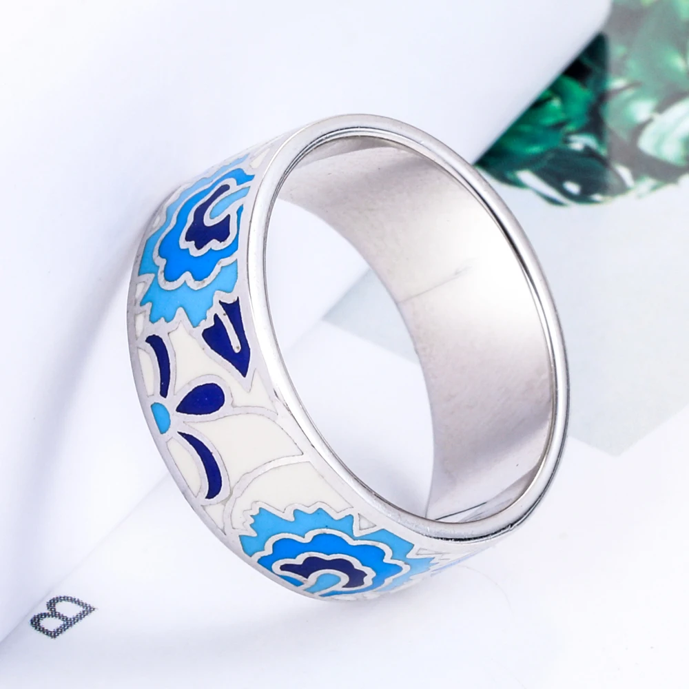 SJF эмалированные ювелирные изделия 7 6 мм широкие обручальные кольца синий цветок