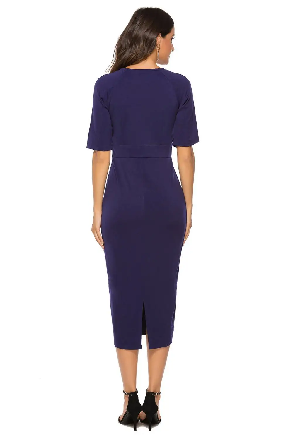 

ZITY O Neck Split Sleeve High Waist Slim Stretchy Midi Dress 2019 Summer Autumn Women Solid Color Office Lady Package Hip Dress