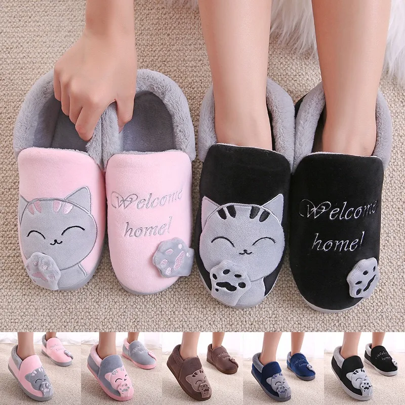 Зимние женские домашние тапочки с мультяшным котом Нескользящие мягкие зимние