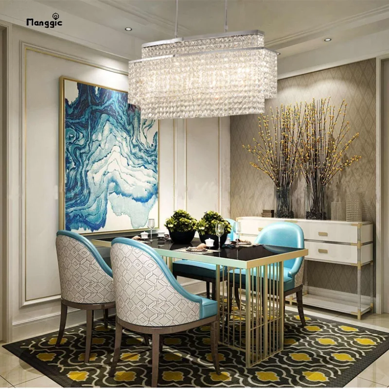 

Dining Room K9 Crystal Chandelier Rectangle Led Chandelie Suspend Lamp Hanging Light Metal Drop Gold For Living Room Lamp