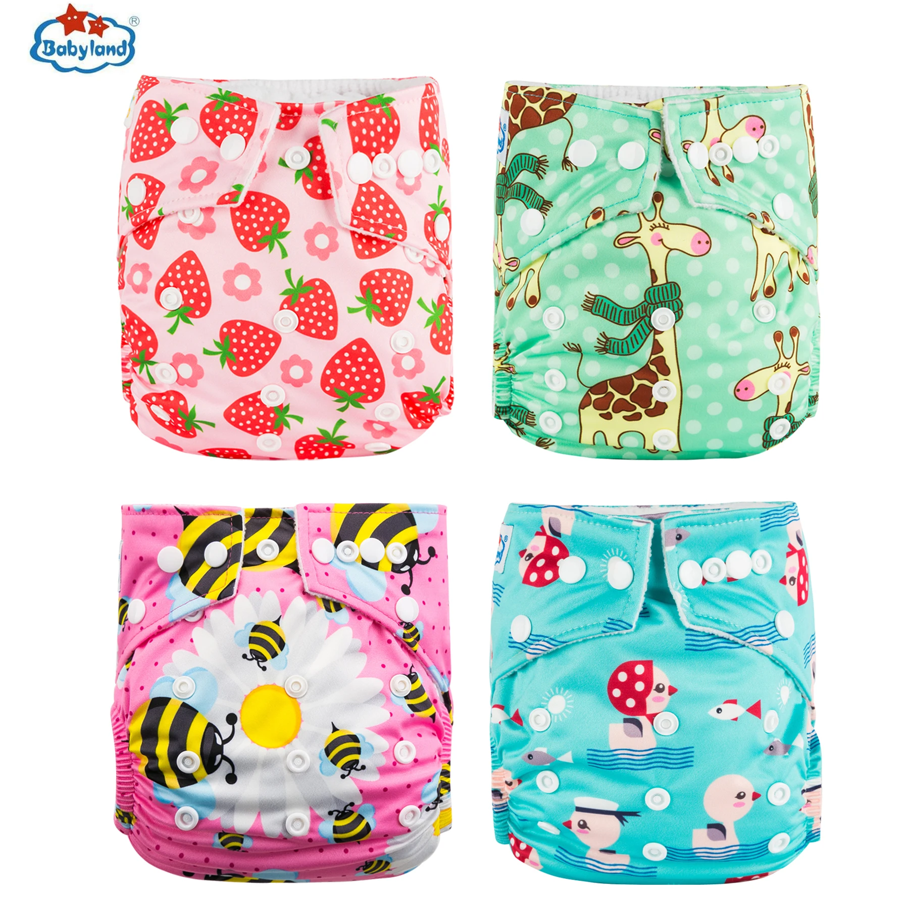Babyland 4pcs/Set Baby Cloth Diaper Pocket Nappy Waterproof Diaper Covers Microfleece Inner Nappy Shell Adjustable Size 3-15KG