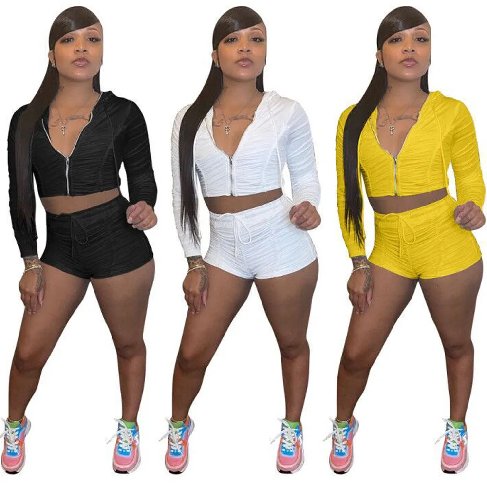 

Tracksuit Women 2 Piece Sets Womens Outfit Fitness Long Sleeve Hooded Zipper Jacket Biker Shorts Solid Summer Sportswear Suit