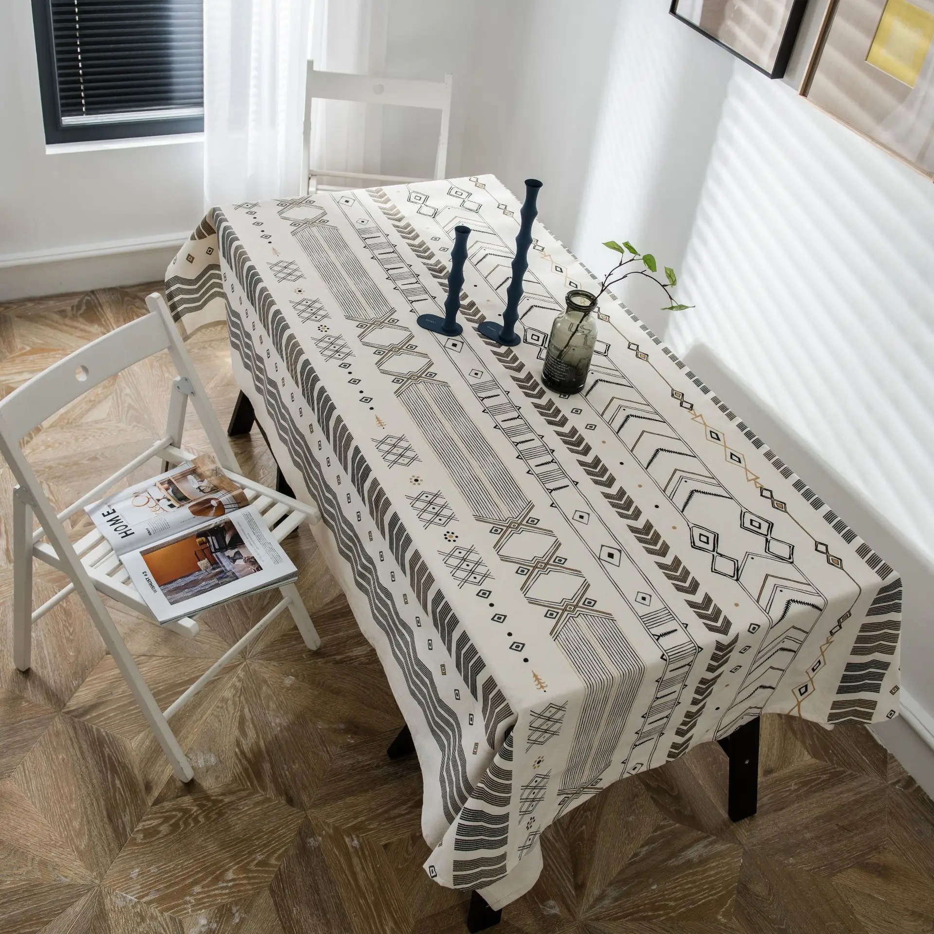 

Golden Corrugated Printed Tablecloth Boho geometric LivingRoom Home Dining Cotton Linen TableCover decoration wedding country
