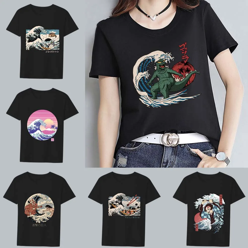 

Summer Fashion Women's Japanese All-match T-shirt Anime Wave Print Series Shirt O-neck Comfortable Slim Soft Black Ladies Top