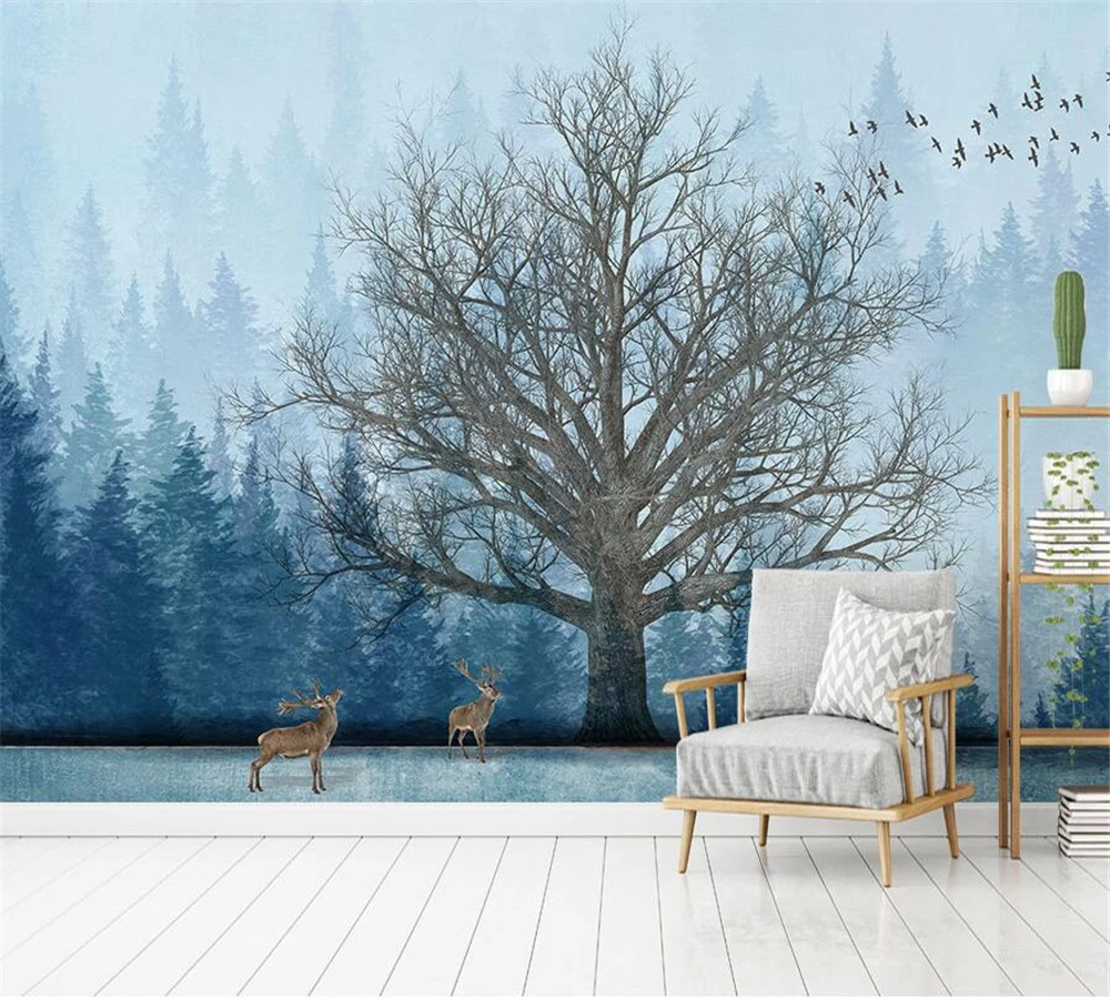 

Beibehang модные пользовательские обои скандинавский абстрактный Ручная роспись лес большое дерево Лось ТВ фоновая стена обои
