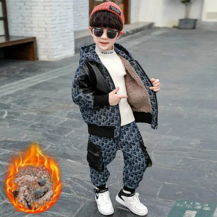 

2020 Boys Winter and Spring Plus Velvet Thick Windproof Warm and Durable Fashionable Leather Set