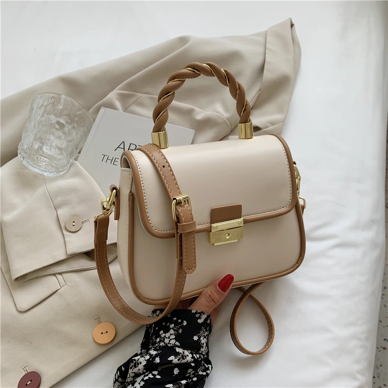 

Color Contrast Trapeze Twist Top Handle Bags For Women Luxury PU Leather Push-Lock Closure Small Shoulder Crossbody Bags 2022