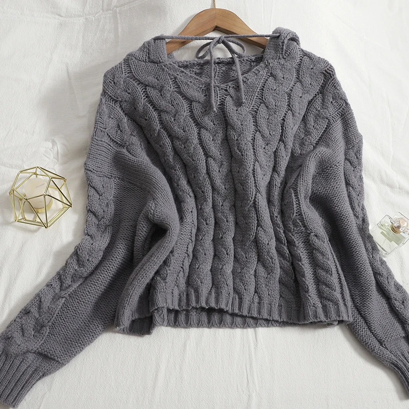 

Short Loose Hooded Sweater Knitted Pullovers Women 2021 Autumn Thin Korean Twist Sweater Pullover Solid Color Top Female Jumpers