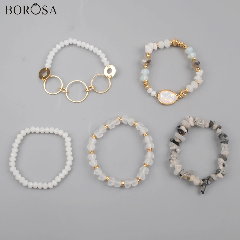 BOROSA 5 комплектов(5 шт./компл. Смешанные браслеты) мульти-виды Нефы драгоценные камни бисер опал Хрустальное стекло с фаской бисера браслет наборы ювелирных изделий WX1187