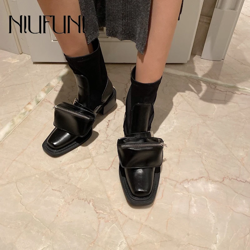 Martin Boots British Autumn Motorcycle Women Boots Thick Heels Bag Bag Zip Buckle Black Sexy Elastic Fabric Western Cowboy Boots