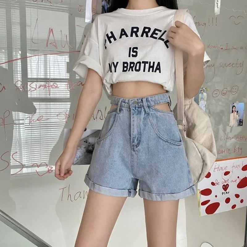 

Hong Kong Style High Waist Slimming Curling Denim Shorts Summer Women's Korean Style Personality Hollow out Straight Wide Leg
