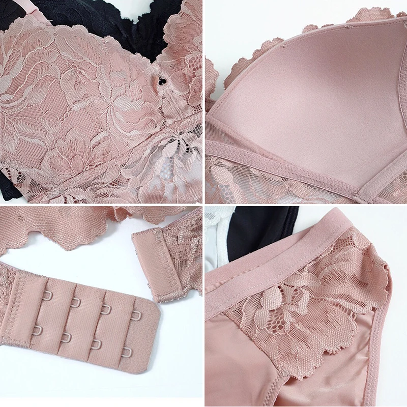 2 Piece Sets Floral Lace Bra And Panty Set For Women Triangle Wireless Thin Push Up Girls Bralette Embroidery Sexy Lingerie Pink