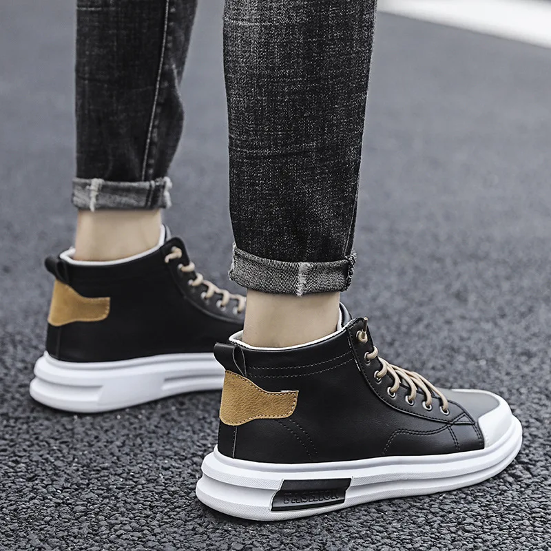 

Korean fashion high top small white shoes autumn 2021 new leather cover shoes fashion sports casual men's shoes