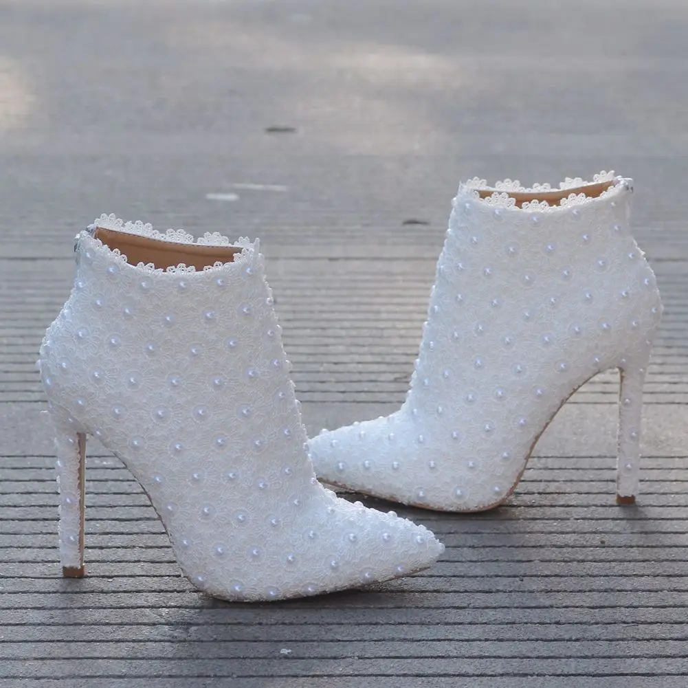 

Flower Super High Ankle Zip Fall Ankle Boots Women Thin Heels Pointed Toe Mature Boots Ankle Sewing Solid PU Shoes Plus Size