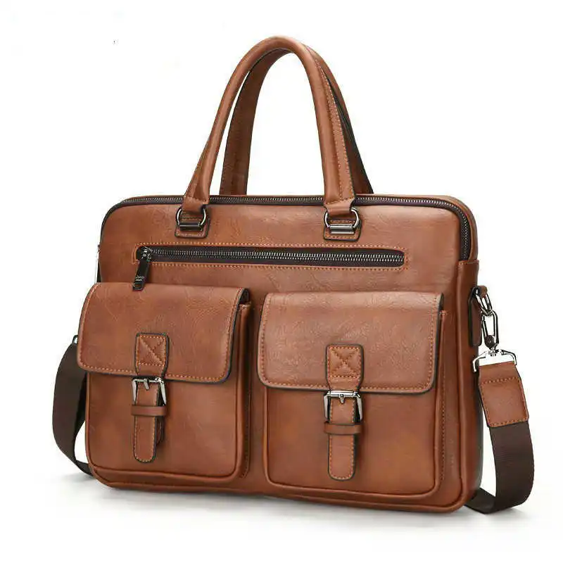

Fashion Men Laptop Briefcases Leather Handbag Zipper Men's Business Bag Two Pocket Soft Handle 14.1 Inch Computer Briefcase Bags