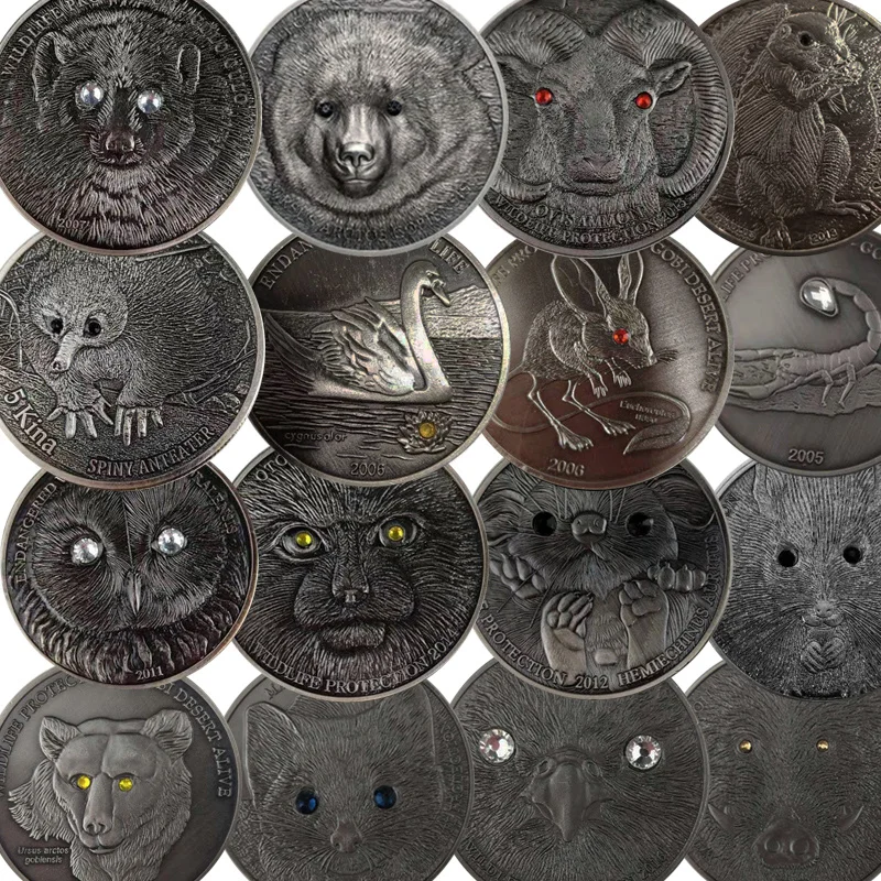 

16 Type Mongolian Animal Diamond Inlaid Commemorative Coins, Zodiac Rat, Sheep and Rabbit Commemorative Medallion Collection