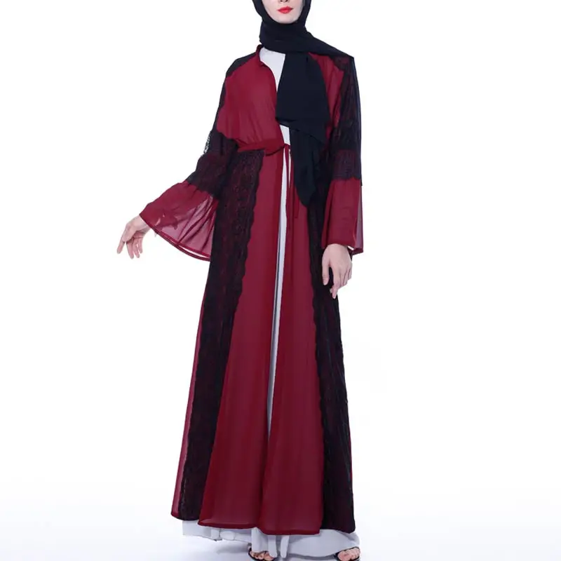 Red MISSJOY мусульманское abaya женское платье с расклешенными рукавами модал турецкий кафтан Средний Восточный Повседневный шифон, кружево с отделкой стиле пэчворк женский халат Плать - Цвет: Red