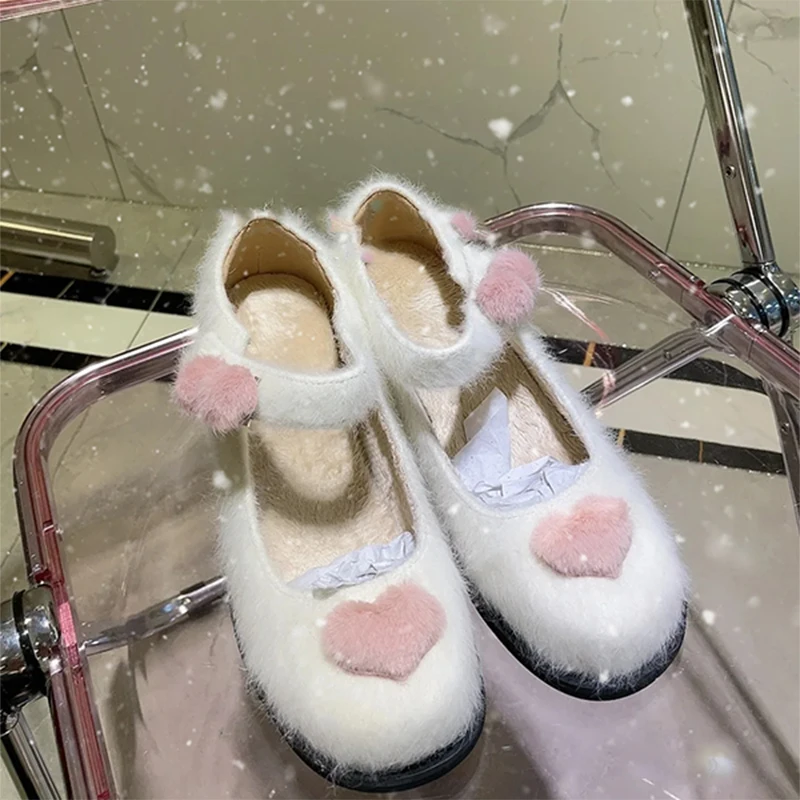

Womens Round Toe Heart Furry Fur Platform Pumps Block High Heel Shoes Lolita Cosplay Halloween Cute Sweet White New 2022