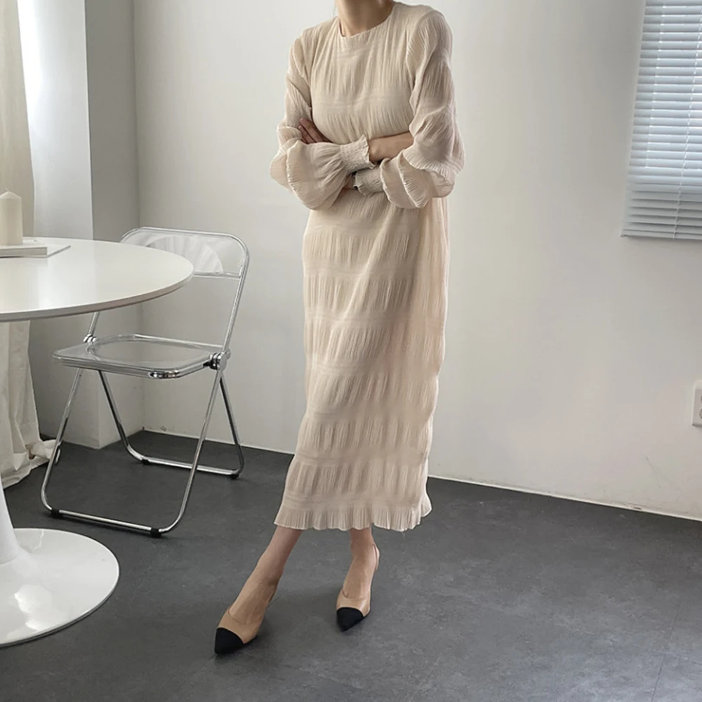 

Japanese Korean Version 2021 Women's Dress Summer Fashion Casual Loose Chiffon Lantern Sleeve Round Neck Solid Color