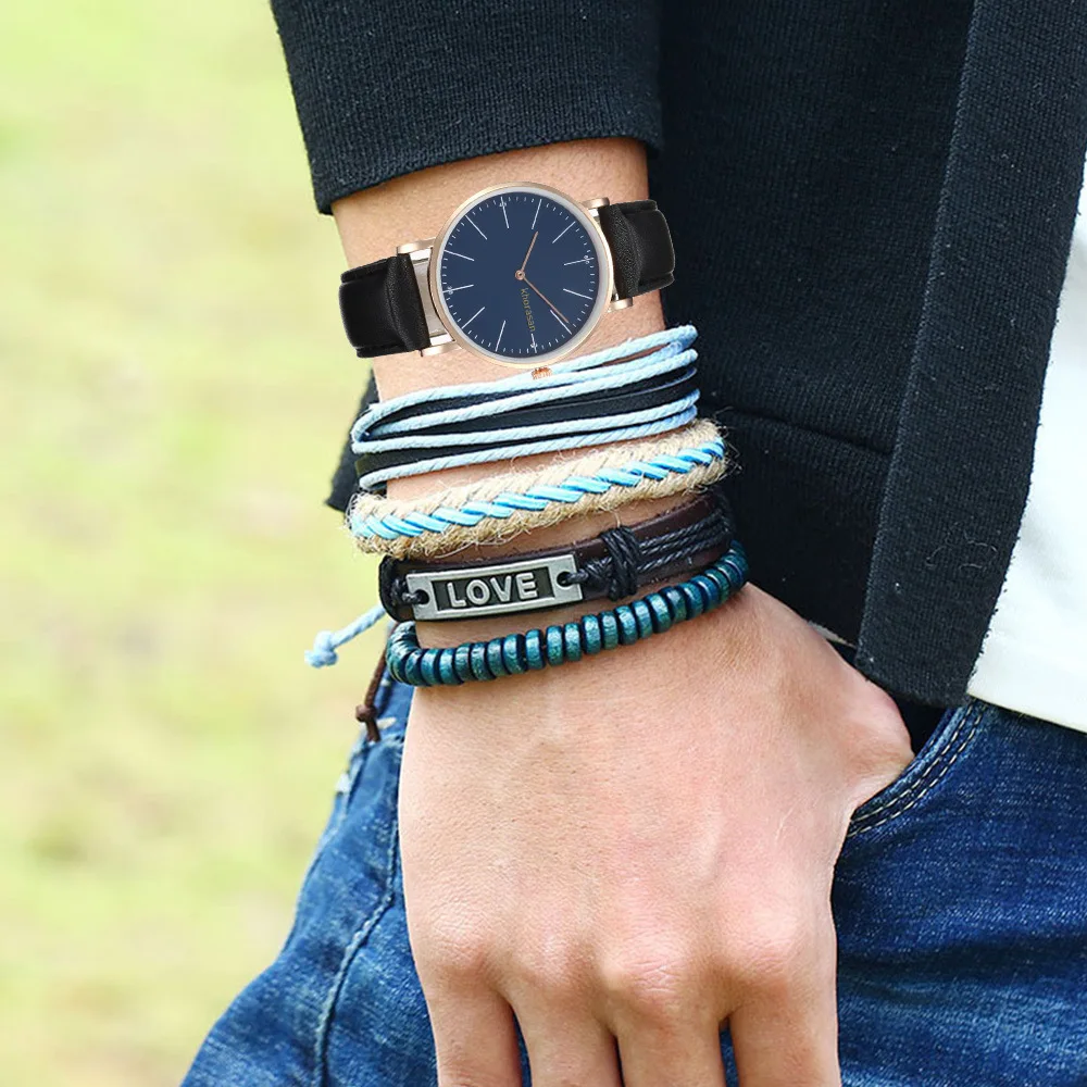 

Men's Fashion Simple Leather Belt Quartz Watch + Bracelet Set (5 Pieces) Watches for Men Mens Watches Top Brand Luxury