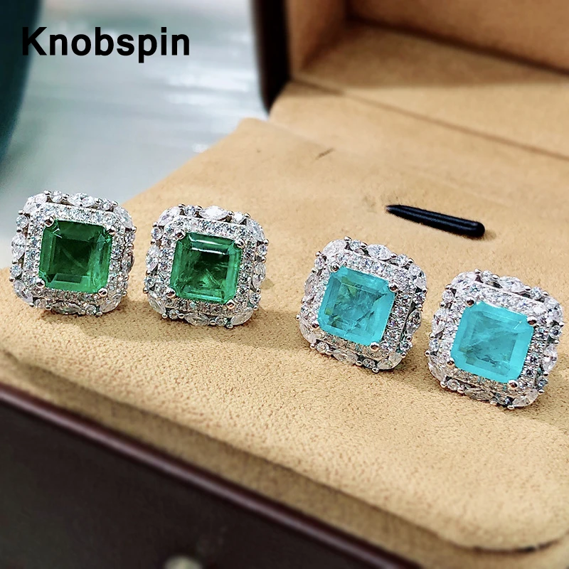

Knobspin 100% 925 Sterling Silver 7*7mm 5A CZ Paraiba Tourmaline Gemstone Ear Studs Earrings For Women Fine Jewelry Wholesale