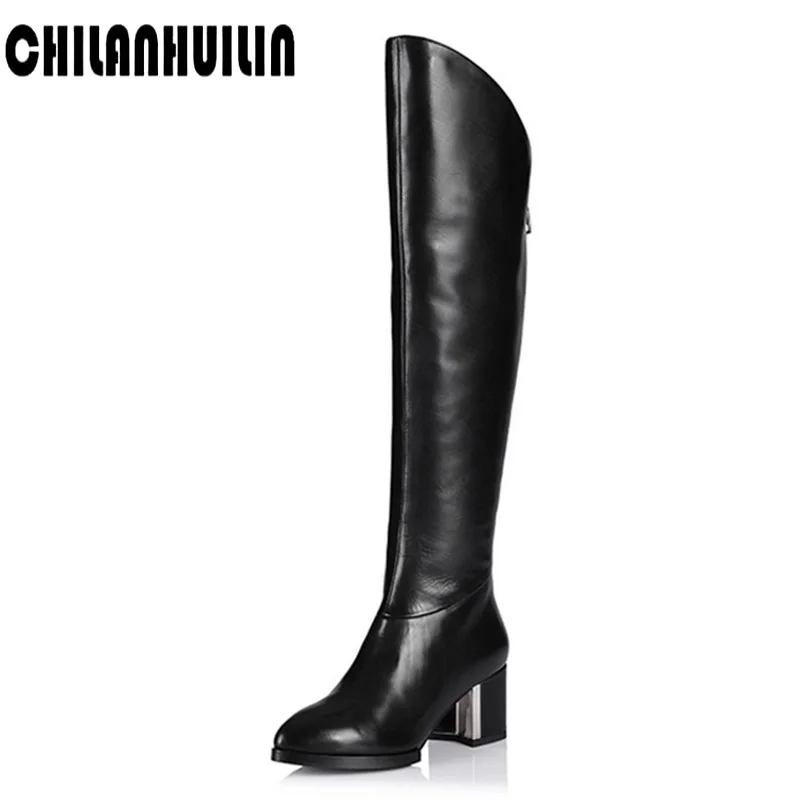 

autumn winter knee high boots women genuine leather+microfiber block high heel long boots zip pointed toe shoes lady snow boots