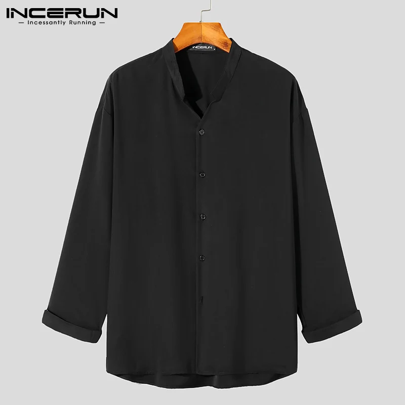 

Топы INCERUN, новинка 2021, Мужская однотонная комбинированная блузка, Мужская модная повседневная красивая рубашка с длинным рукавом и пуговица...