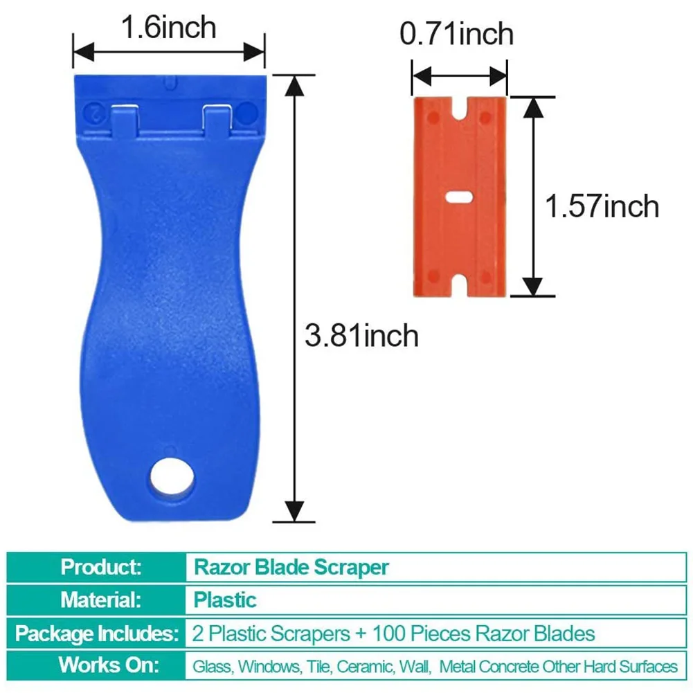 

2 Razor Scraper + 100 Pcs Double Edg Blades Glue Tape Remove Sticker Clean Tool Hand Tools Putty Knives Scrapers