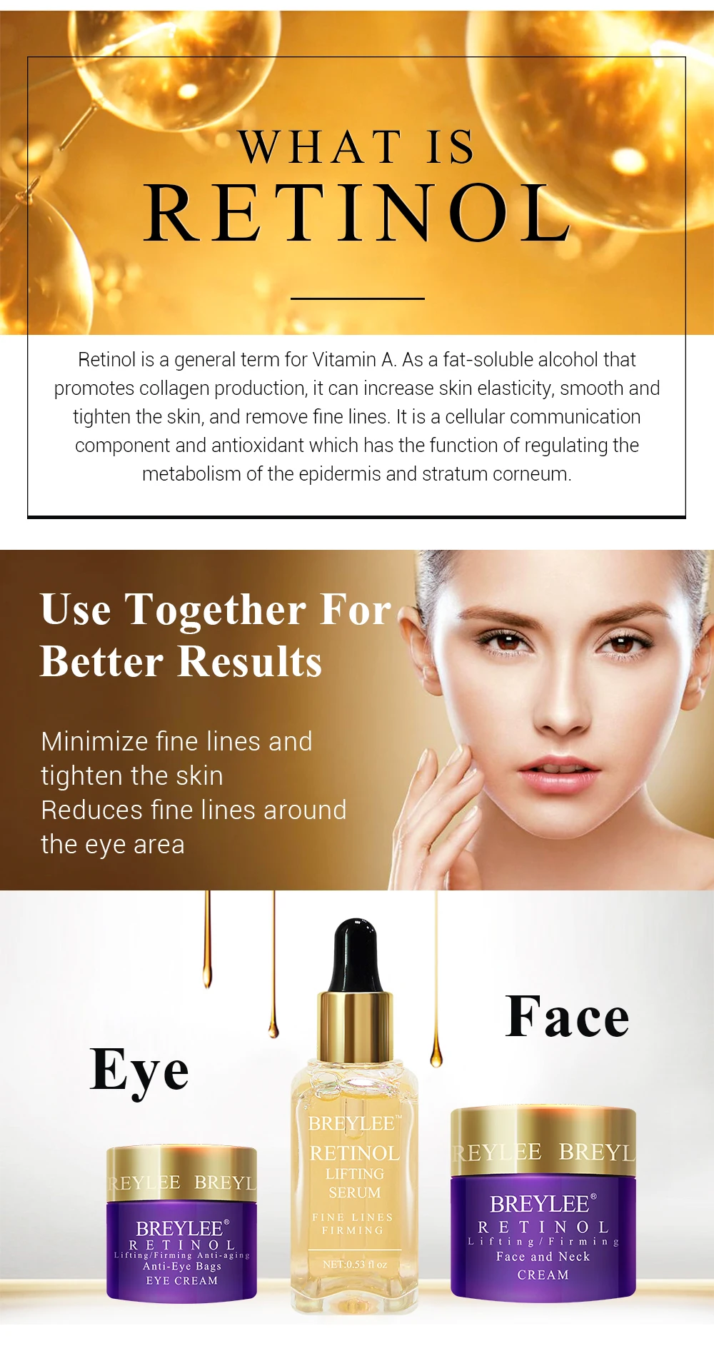 Breylee Retinol набор Антивозрастная укрепляющая сыворотка для лица крем для глаз крем для лица для удаления тонкой линии морщин подтягивающий увлажняющий уход за кожей