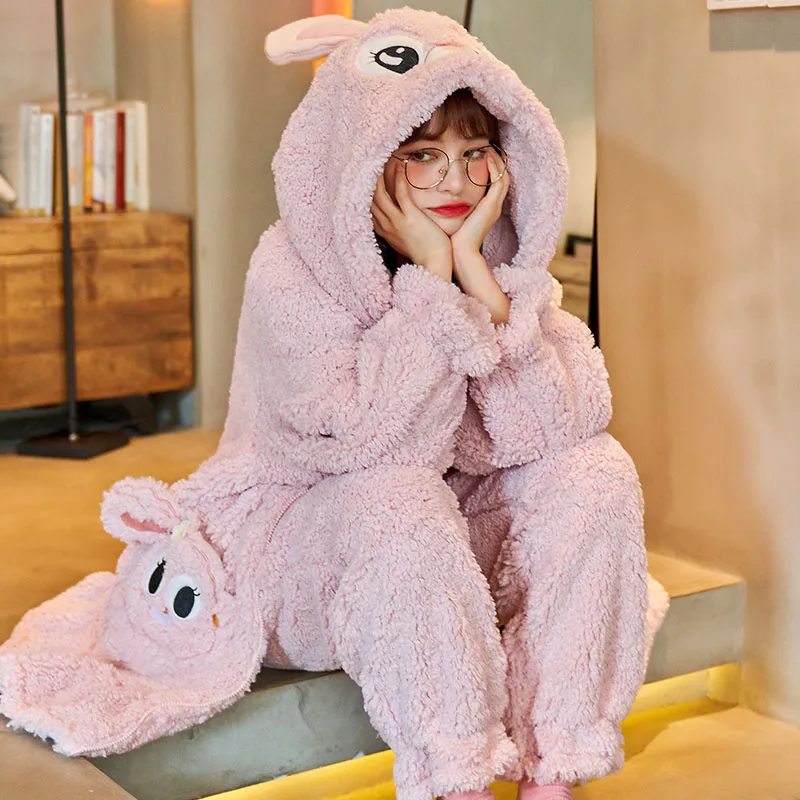 New Women Sleepwear Winter Pajamas Plush Mink Wool Sherpa Loose Version Medium Style Pajama Set Coral Fleece Packed Nightgown