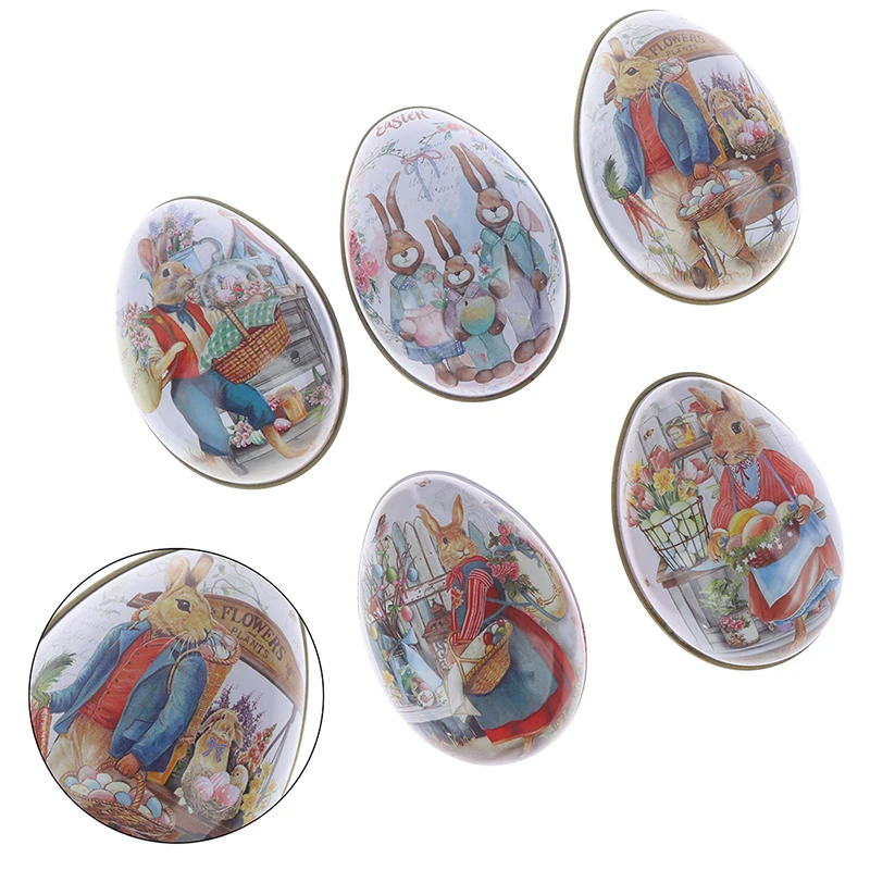 

1pc Party Decoration Easter Bunny Dress Printing Alloy Metal Trinket Tin Easter Eggs Shaped Candy Box Tinplate Case