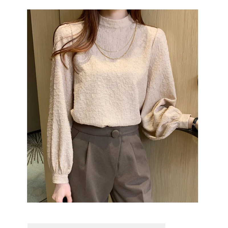 

Autumn Winter New Korean Women's Fashion Plus Velvet Thickening Turn Down Collar Puff Sleeve Female Blouse Slimming Elegant Top