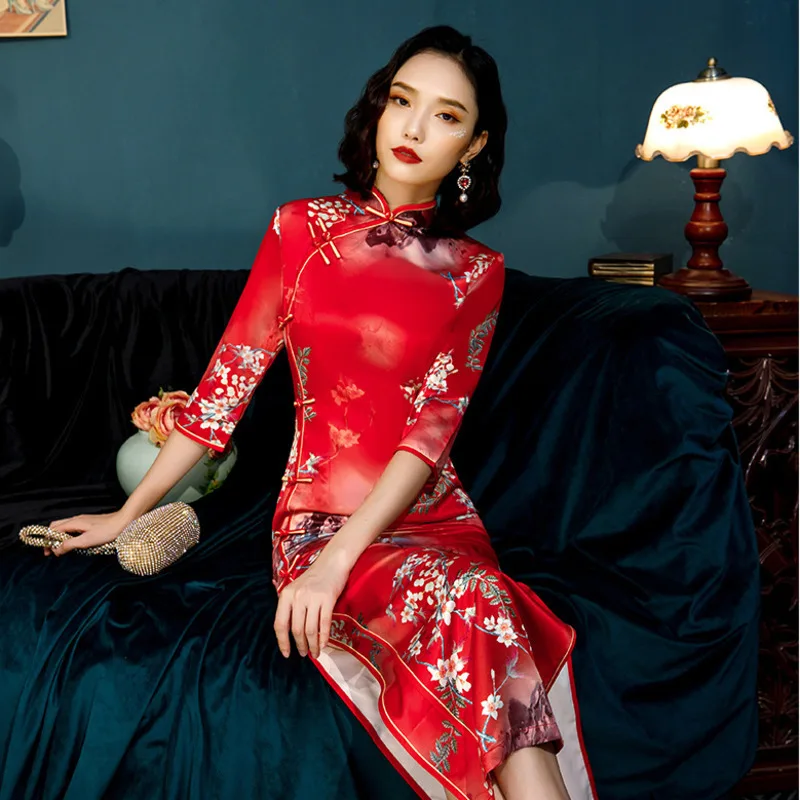 SHENG COCO осенние улучшенные шелковые Cheongsam китайские платья 4XL длинное вечернее Ципао женское тонкое шелковое китайский, Восточный стиль платье