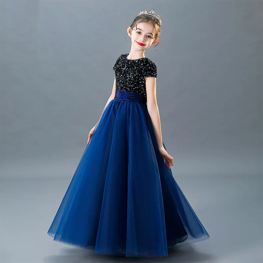 Темно синее платье подружки невесты с цветами для девочек официальное принцессы