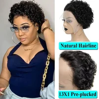 Highlight Wig Human Hair Curly Bob Wig 13x1 Pixie Cut Wig Black Colored Human Hair Wigs Transparent Preplcuked Wigs For Women