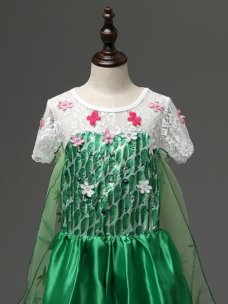 3-8Y Girls Christmas Dress Anna Elsa Princess Costume Green Fashion Print Pattern Kids Halloween Snow Queen Long Tail Gown | Детская