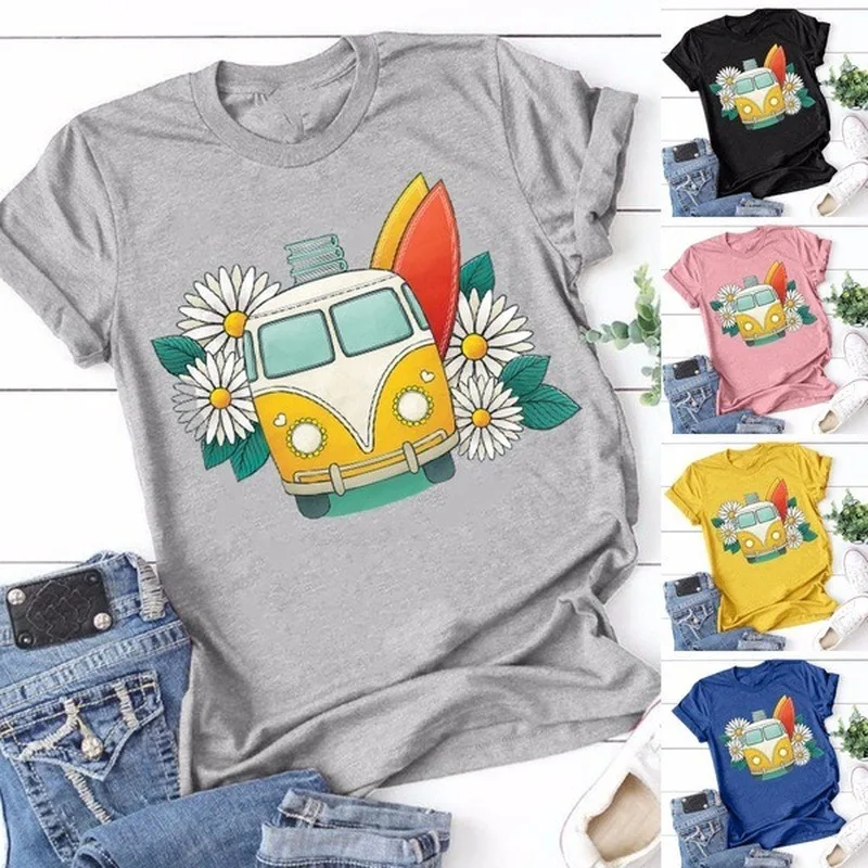 

Chrysanthemum Bus Print T Shirt Women Short Sleeve O Neck Loose Tshirt Summer Women Tee Shirt Tops Camisetas Mujer