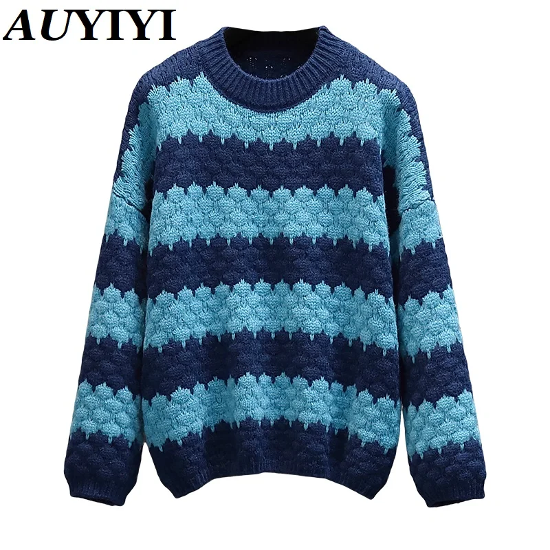 

AIYIYI Fashion Plus Size Women's 2021 Fall New Casual Loose Rough Striped Wild Sweater Slim Top