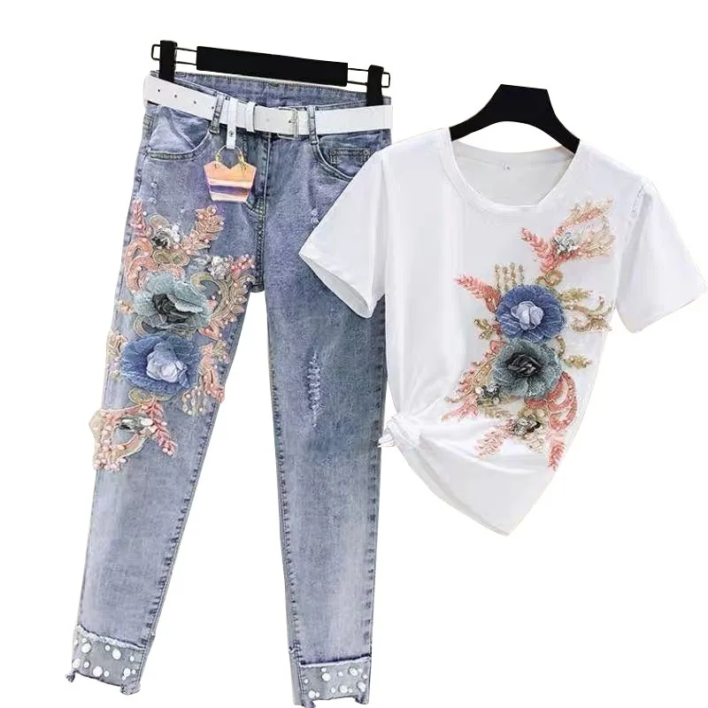 

Summer 2 Piece Set Women Streetwear O neck Flower White Tops Shirt + High Waist Beading Denim Pant Embroidery Set Suit Plus Size