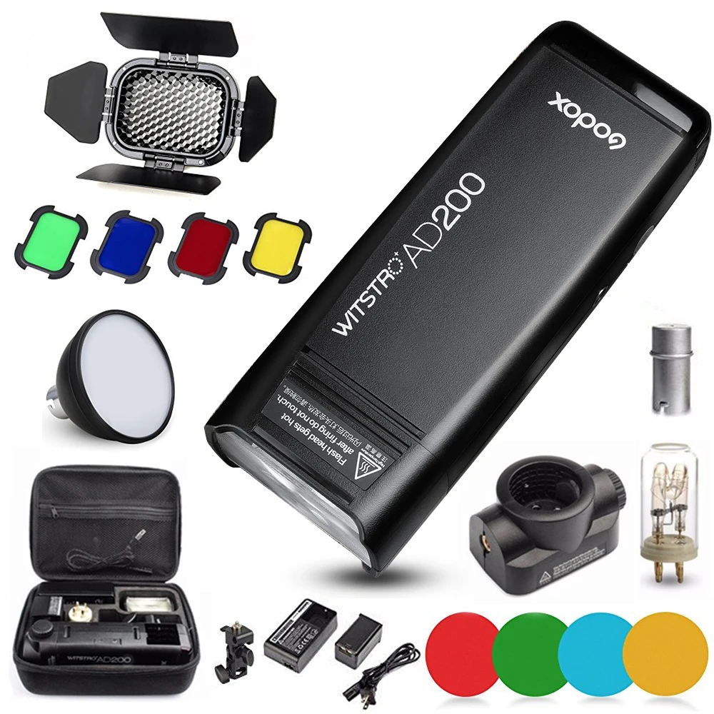 

Godox AD200 Kit 200Ws 2.4G TTL Pocket Flash Strobe 1/8000 HSS Cordless Monolight 2900mAh Lithimu Battery and Bare Bulb/Speedlite
