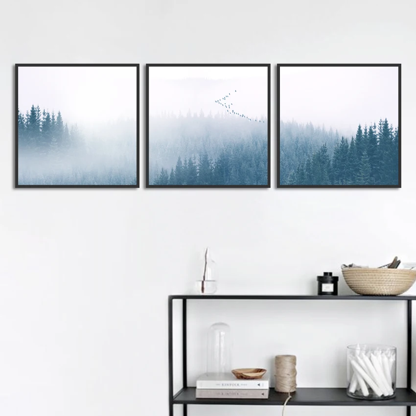 Nordic Стиль Плакаты Туманный лес Настенная картина с ландшафтом изображение для
