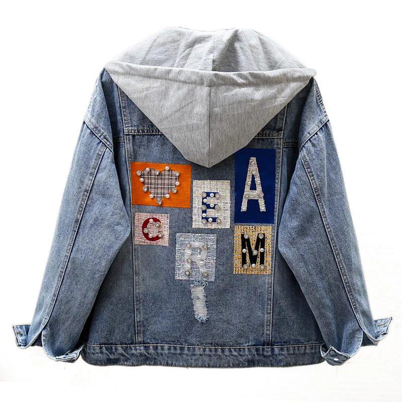 

2020 Autumn Hooded Denim Jacket BF Style Frayed Embroidery Letters with Diamonds Short Coat Ladies Fall Jacket for Women